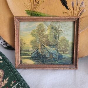 Vintage Framed Cottage Landscape Art Wood Small